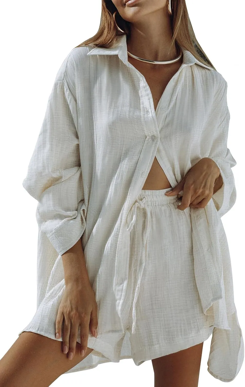 Fixmatti Women 2 Piece Outfits Long Sleeve Button Down Blouse and Shorts Sweatsuit Sets