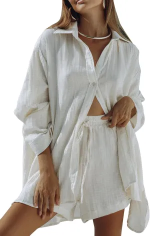 Fixmatti Women 2 Piece Outfits Long Sleeve Button Down Blouse and Shorts Sweatsuit Sets