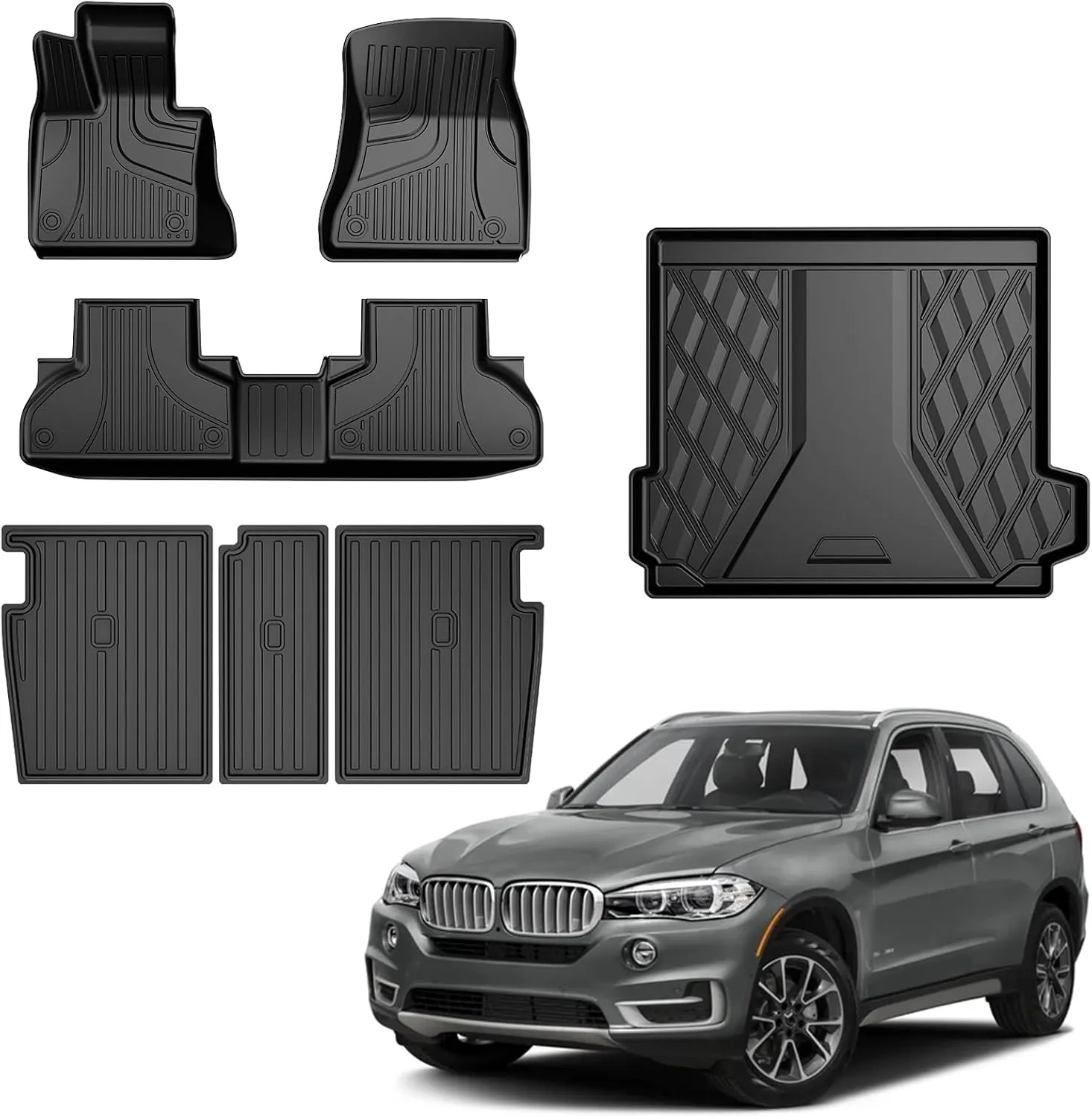 Floor Mats & Cargo Liner & Backrest Mat Compatible with BMW X5 2014-2018: All Weather Floor Mat X5 TPE Accessories Trunk Mat Back Seat Cover Protector Full Set