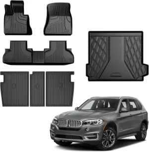 Floor Mats & Cargo Liner & Backrest Mat Compatible with BMW X5 2014-2018: All Weather Floor Mat X5 TPE Accessories Trunk Mat Back Seat Cover Protector Full Set