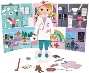 Floss & Rock Magnetic Florence Doll - 40-Piece Wooden Educational Dress-Up Set - Doctor, Nurse, and Patient Outfits - Montessori Toy with Reversible Scene & Easy Storage Creative Play for Kids Ages 3 