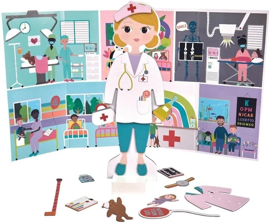 Floss & Rock Magnetic Florence Doll - 40-Piece Wooden Educational Dress-Up Set - Doctor, Nurse, and Patient Outfits - Montessori Toy with Reversible Scene & Easy Storage Creative Play for Kids Ages 3 