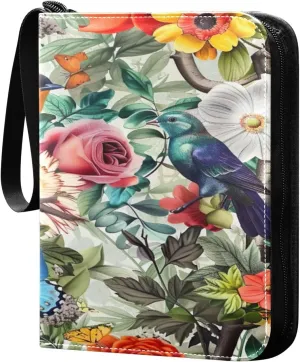 Flower with Colorful Birds Card Binder 4-Pocket, 400 Pockets Trading Cards Holder Games Card Albums Storage Organizer Case for Football, Baseball Cards