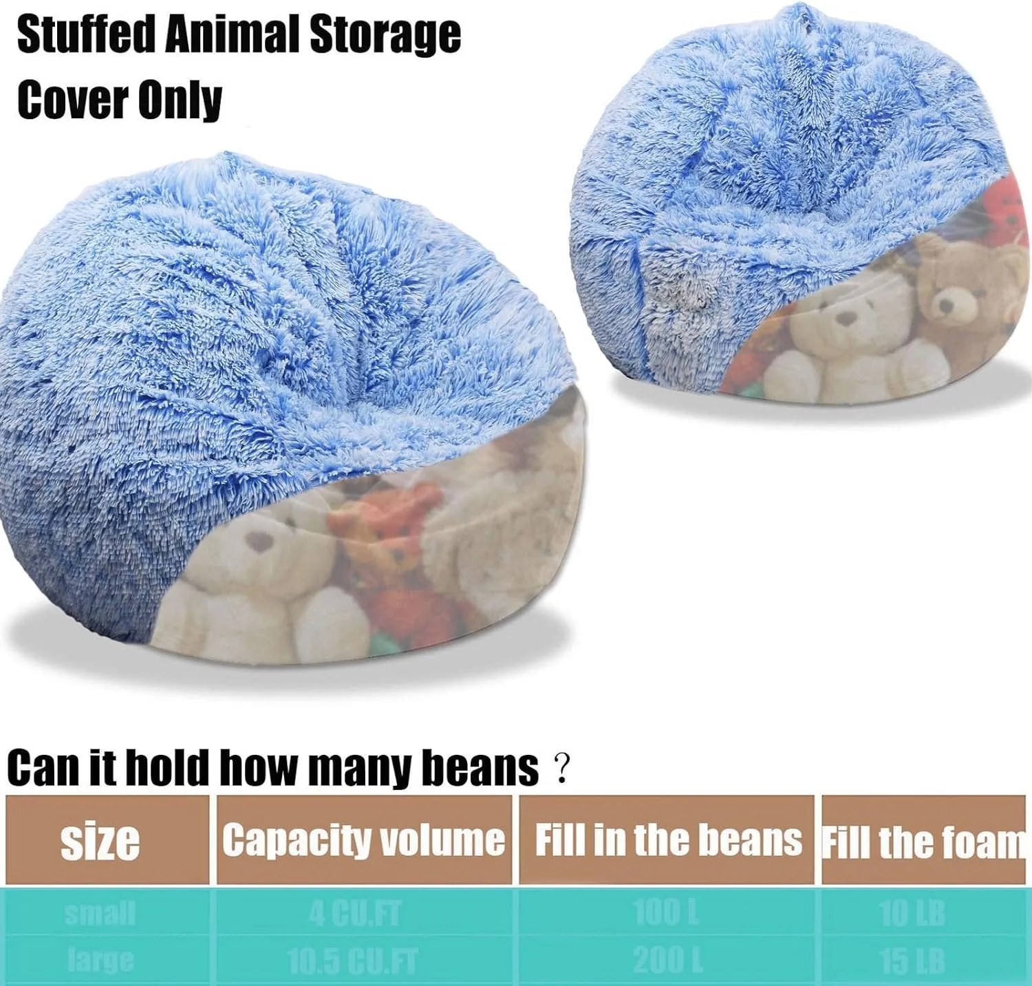 Fluffy Stuffed Animal Storage Bean Bag Chair Cover (No Filler), Faux Fur Comfy Bean Bag Cover for Organizing Plush Toys or Textile, for Adults Teens Kids Girls, Blue