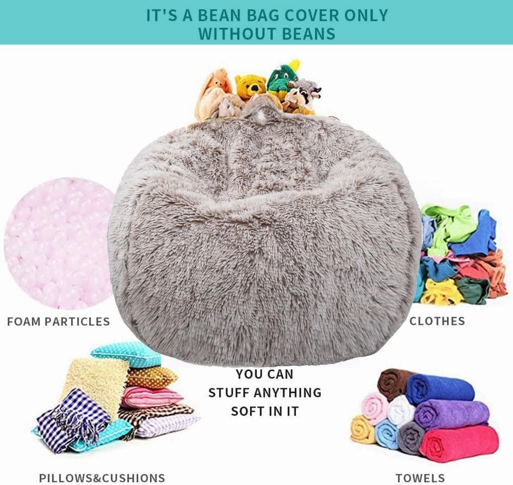 Fluffy Stuffed Animal Storage Bean Bag Chair Cover (No Filler), Faux Fur Comfy Bean Bag Cover for Organizing Plush Toys or Textile, for Adults Teens Kids Girls, Heather Camel