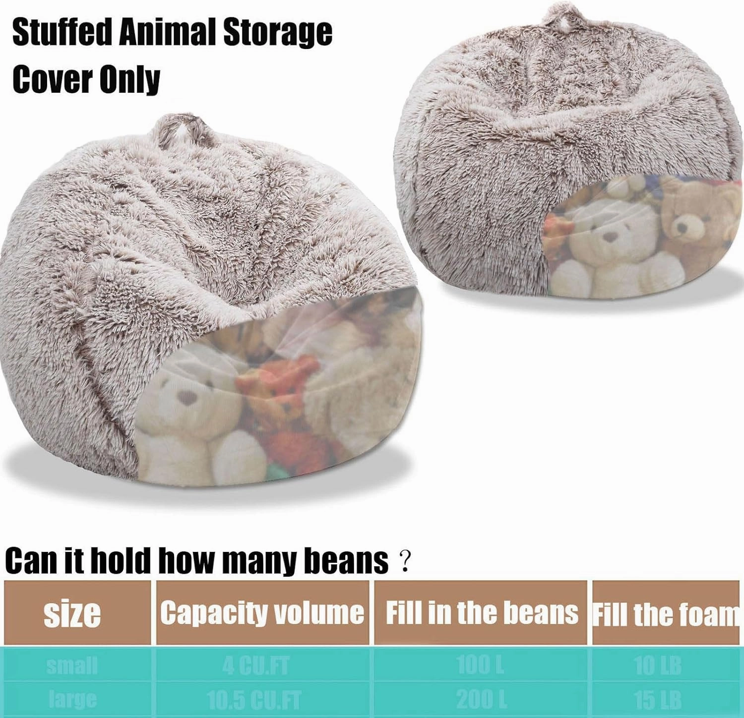 Fluffy Stuffed Animal Storage Bean Bag Chair Cover (No Filler), Faux Fur Comfy Bean Bag Cover for Organizing Plush Toys or Textile, for Adults Teens Kids Girls, Heather Camel