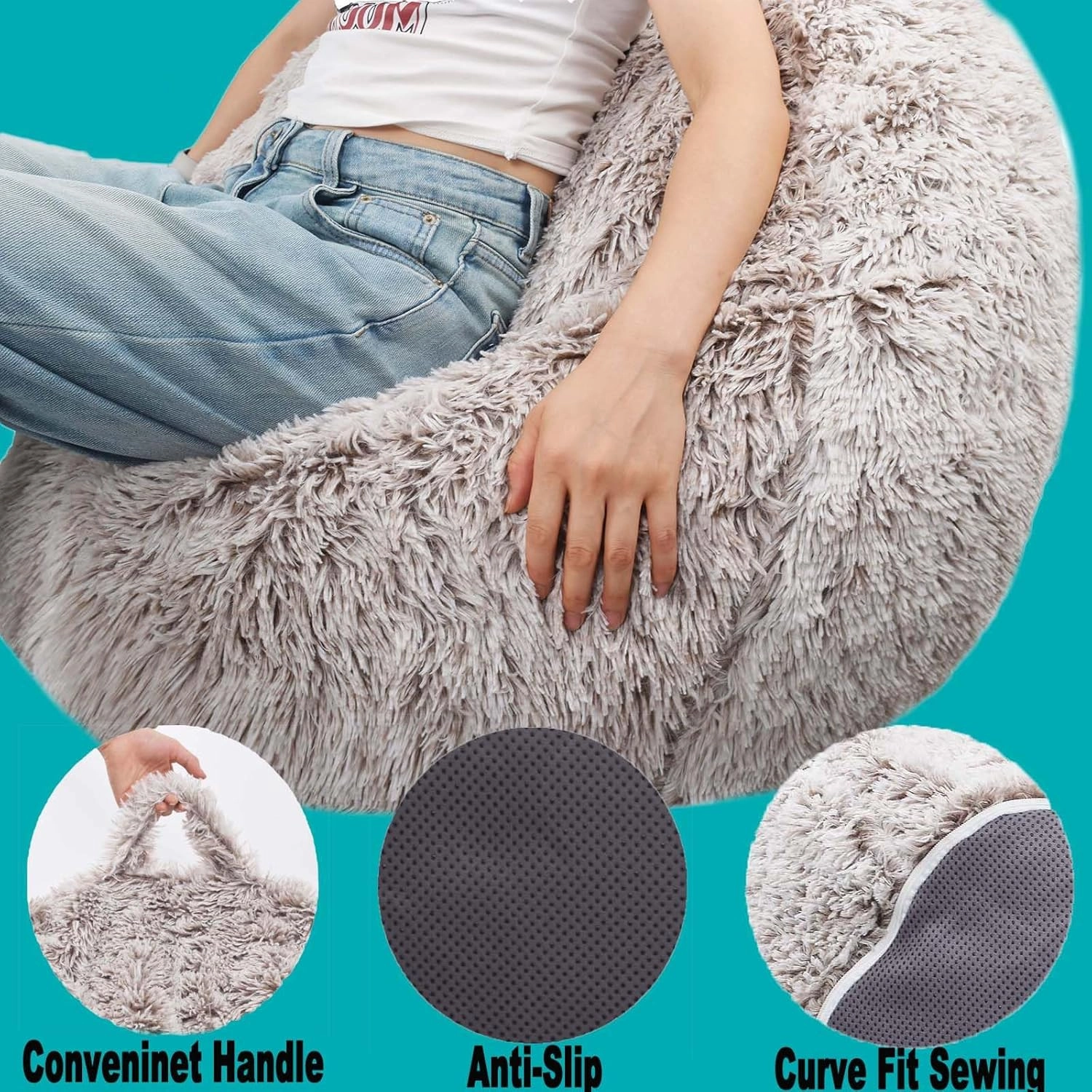 Fluffy Stuffed Animal Storage Bean Bag Chair Cover (No Filler), Faux Fur Comfy Bean Bag Cover for Organizing Plush Toys or Textile, for Adults Teens Kids Girls, Heather Camel