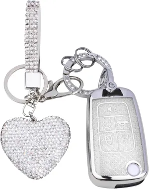 for Chevy 5 Button Key fob Cover with Diamond Heart Keychain, Car Accessories TPU for Chevrolet Equinox Camaro Cruze Malibu Sonic GMC Buick Terrain Smart Key, Clear