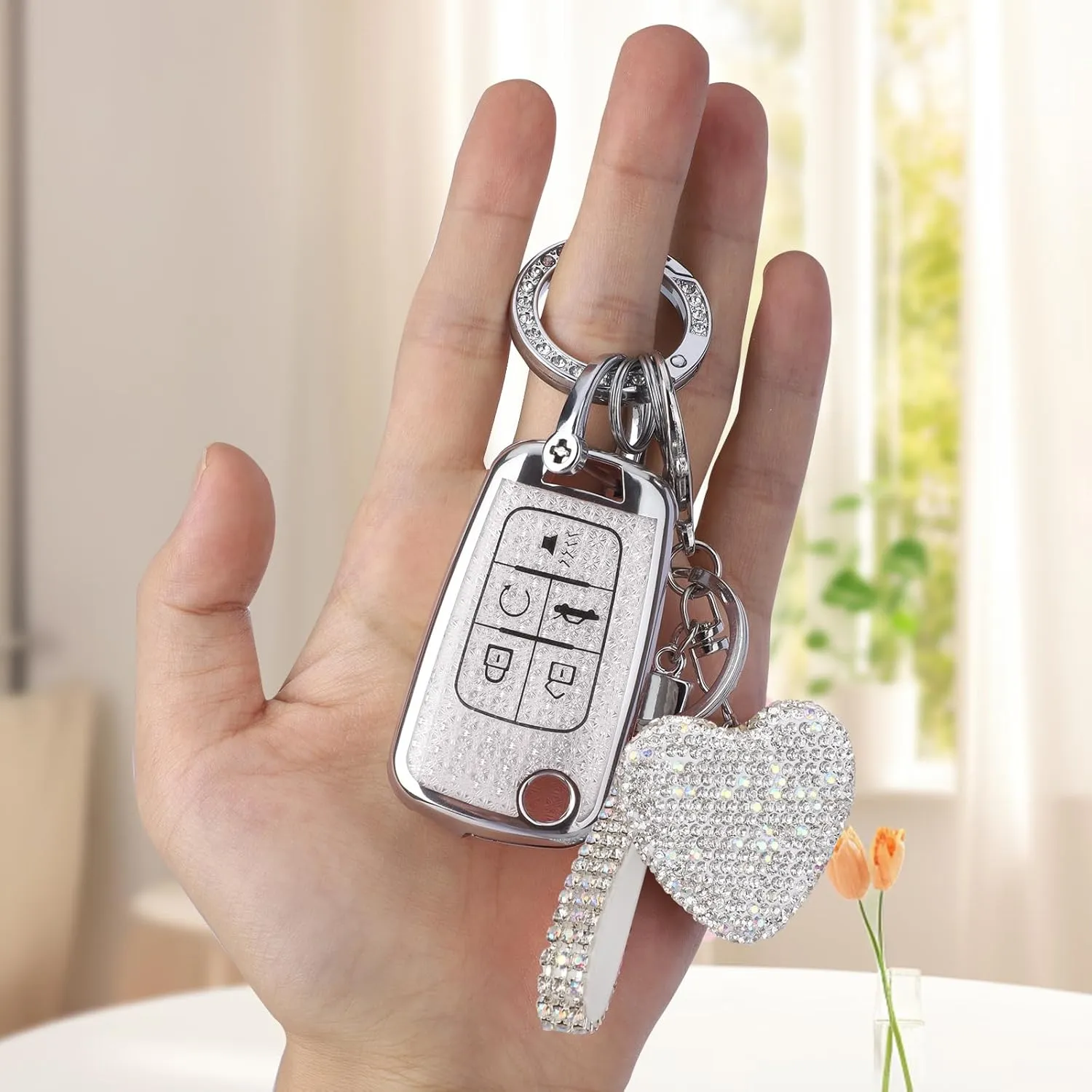 for Chevy 5 Button Key fob Cover with Diamond Heart Keychain, Car Accessories TPU for Chevrolet Equinox Camaro Cruze Malibu Sonic GMC Buick Terrain Smart Key, Clear