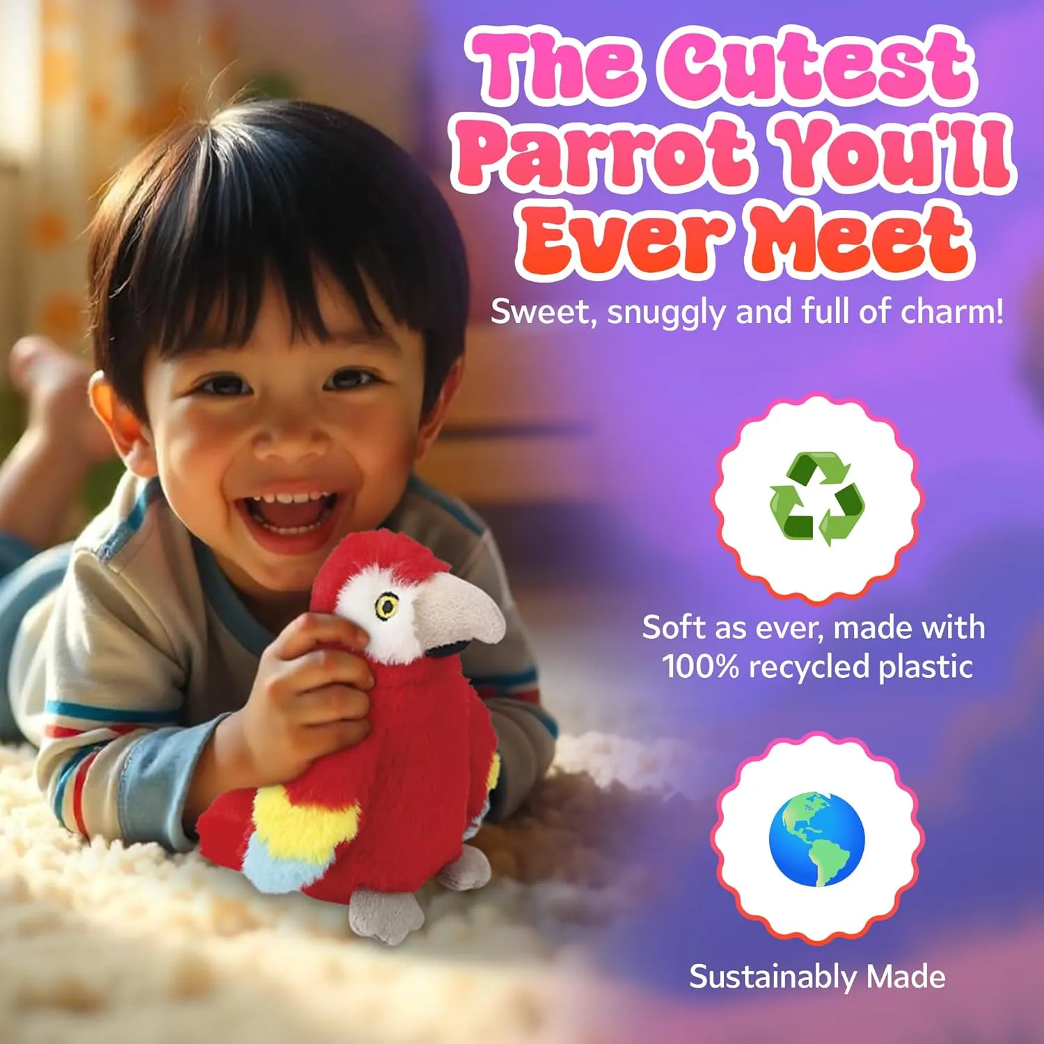 Forest & Twelfth Earth Safe 6" Parrot Stuffed Animal Safari Animals Plush, Eco-Friendly Stuffed Animals for Babies, Kids, Soft Toys Made from 100% Recycled Plastic (6" Parrot)