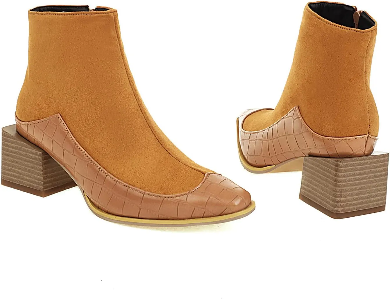 FOWT Chic Denim Textured Patchwork Synthetic Women Side Zipper Ankle Boot Stylish Mini Square Toe Chunky Heel Short Boots Fashion 2 IN Thick Heel Dress Casual Booties Shoes, Blue US Size 4-15 M
