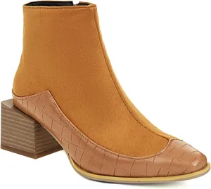 FOWT Chic Denim Textured Patchwork Synthetic Women Side Zipper Ankle Boot Stylish Mini Square Toe Chunky Heel Short Boots Fashion 2 IN Thick Heel Dress Casual Booties Shoes, Blue US Size 4-15 M