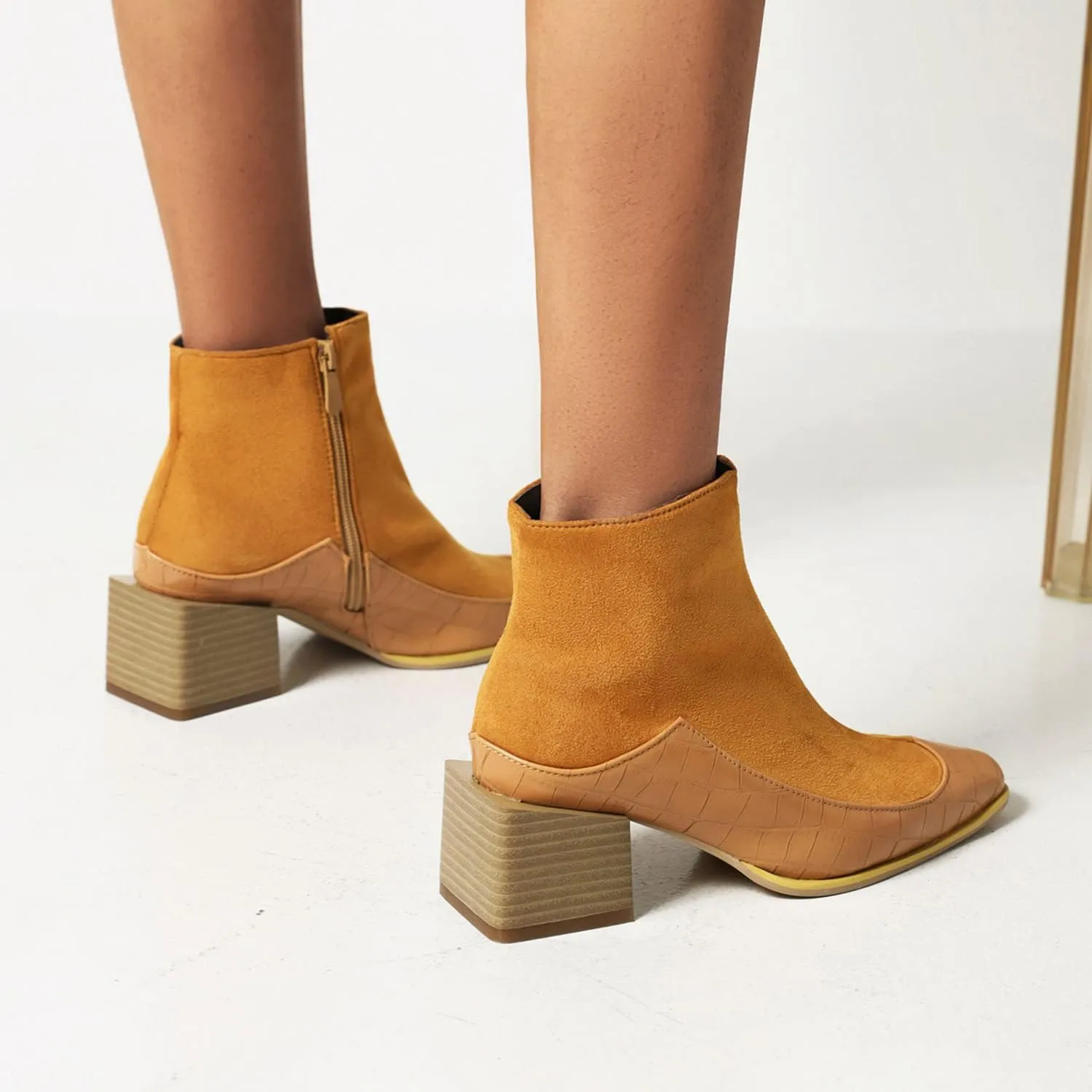 FOWT Chic Denim Textured Patchwork Synthetic Women Side Zipper Ankle Boot Stylish Mini Square Toe Chunky Heel Short Boots Fashion 2 IN Thick Heel Dress Casual Booties Shoes, Blue US Size 4-15 M