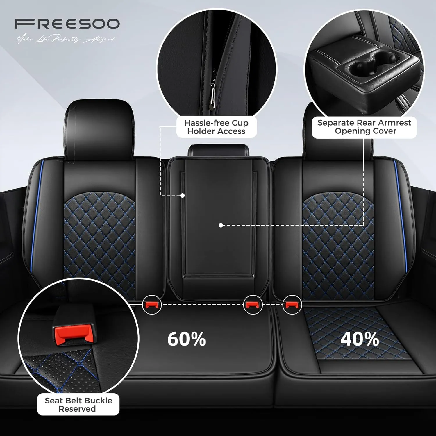 FREESOO Car Seat Covers for Dodge Ram 2019-2025 1500 Crew Cab New Body Leather Seat Cover Limited Longhorn Rebel Laramie Big Horn Tradesman TRX Accessories Black Blue
