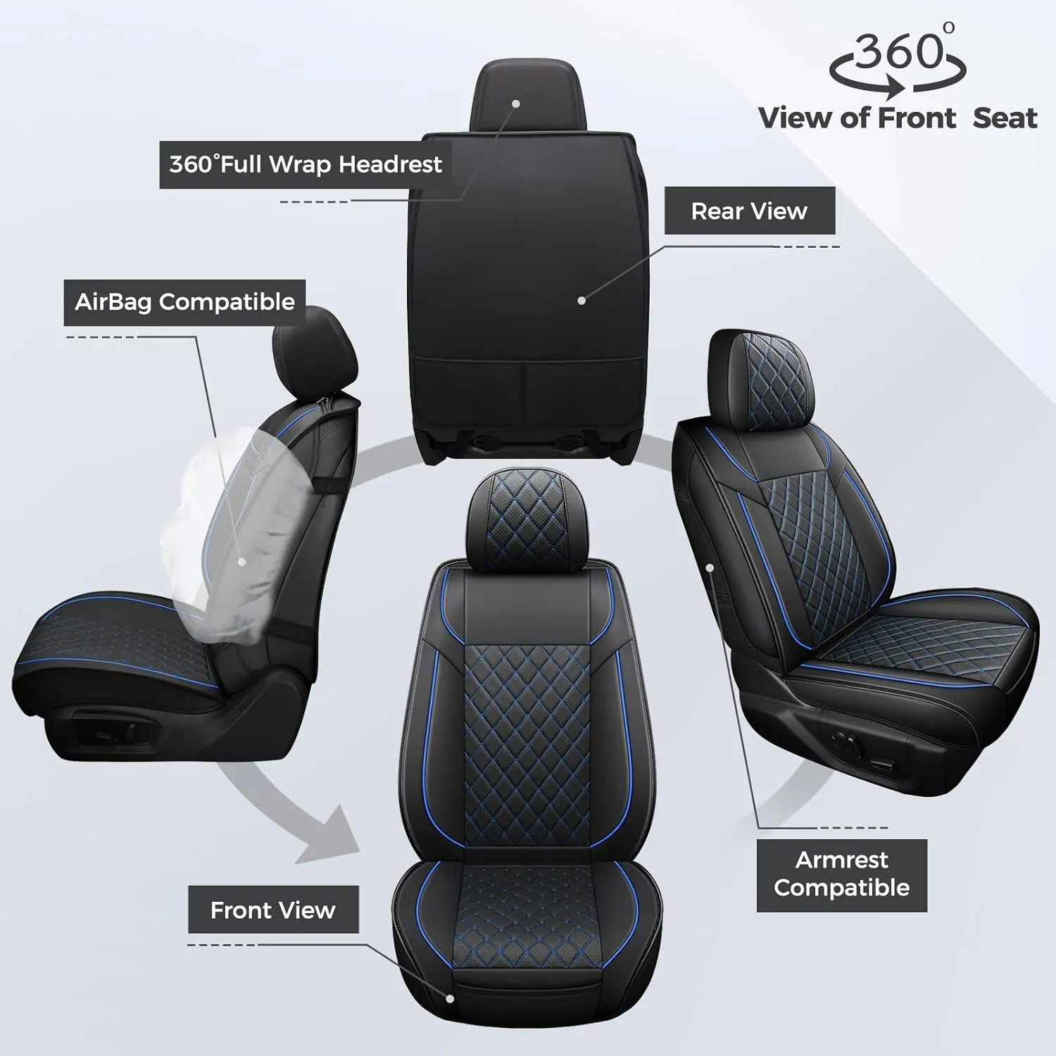 FREESOO Car Seat Covers for Dodge Ram 2019-2025 1500 Crew Cab New Body Leather Seat Cover Limited Longhorn Rebel Laramie Big Horn Tradesman TRX Accessories Black Blue