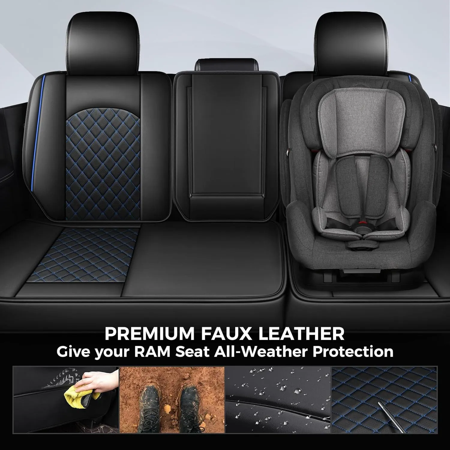 FREESOO Car Seat Covers for Dodge Ram 2019-2025 1500 Crew Cab New Body Leather Seat Cover Limited Longhorn Rebel Laramie Big Horn Tradesman TRX Accessories Black Blue