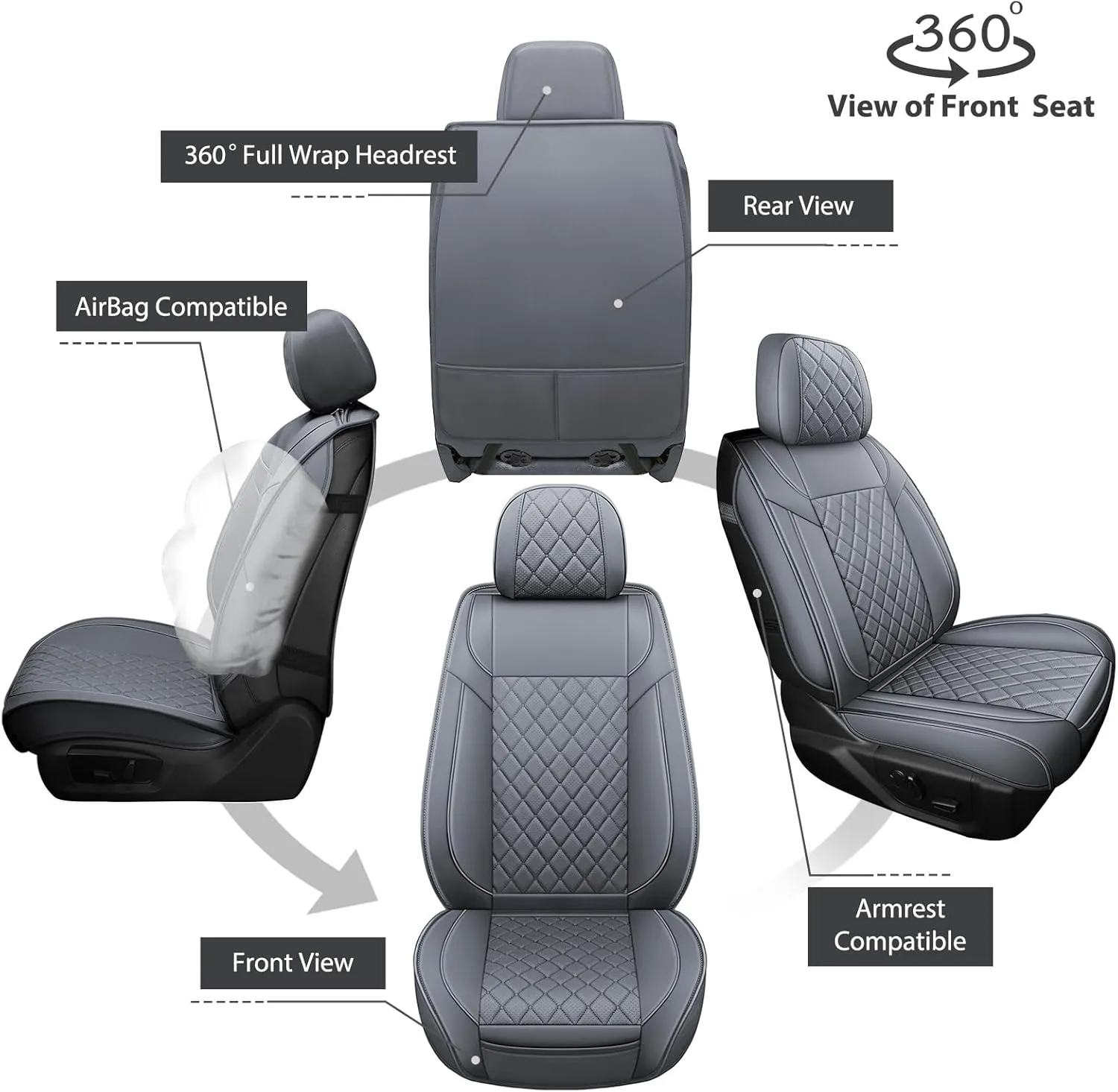 FREESOO Car Seat Covers for Dodge Ram 2019-2025 1500 Crew Cab New Body Leather Seat Cover Limited Longhorn Rebel Laramie Big Horn Tradesman TRX Pickup Truck Accessories Grey