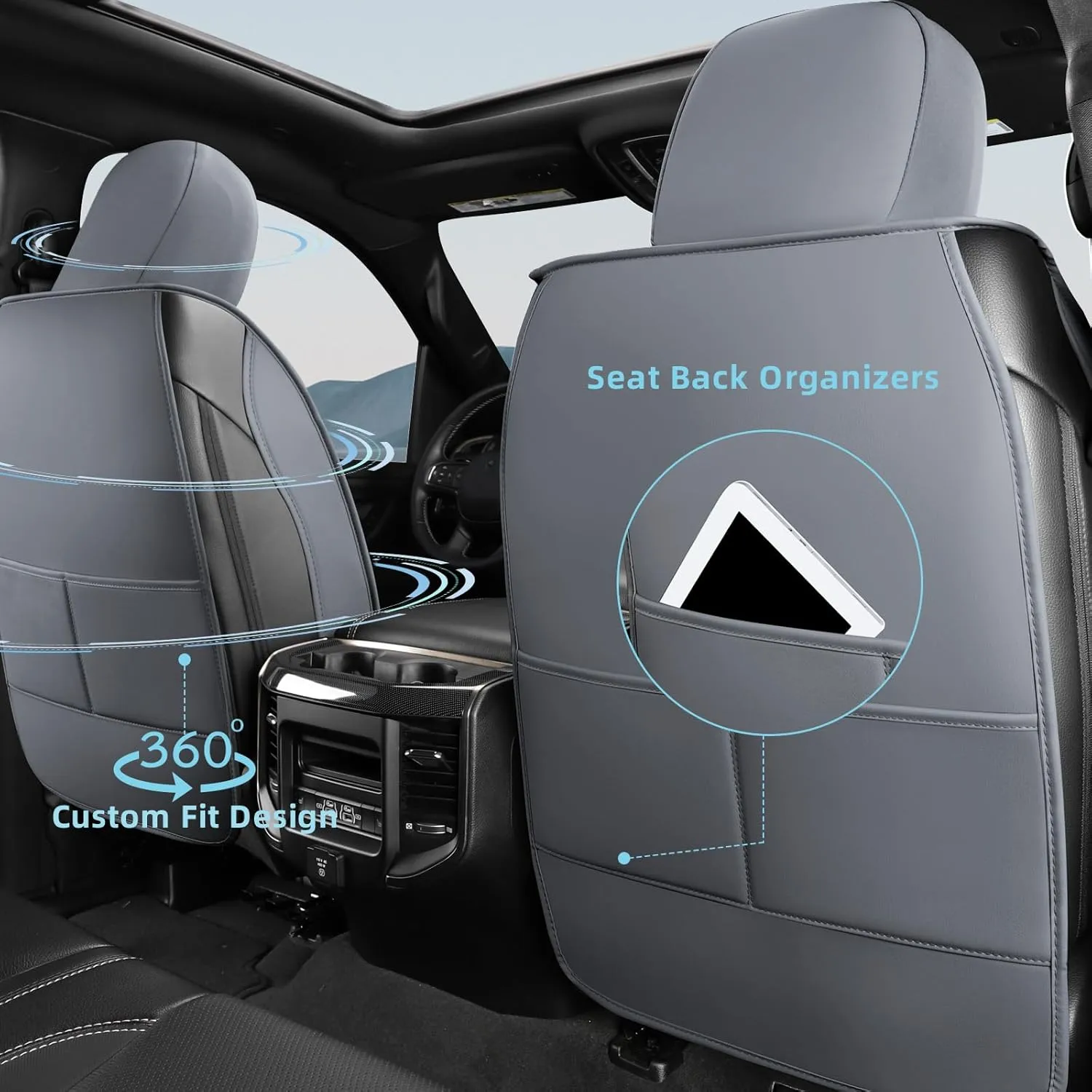 FREESOO Car Seat Covers for Dodge Ram 2019-2025 1500 Crew Cab New Body Leather Seat Cover Limited Longhorn Rebel Laramie Big Horn Tradesman TRX Pickup Truck Accessories Grey