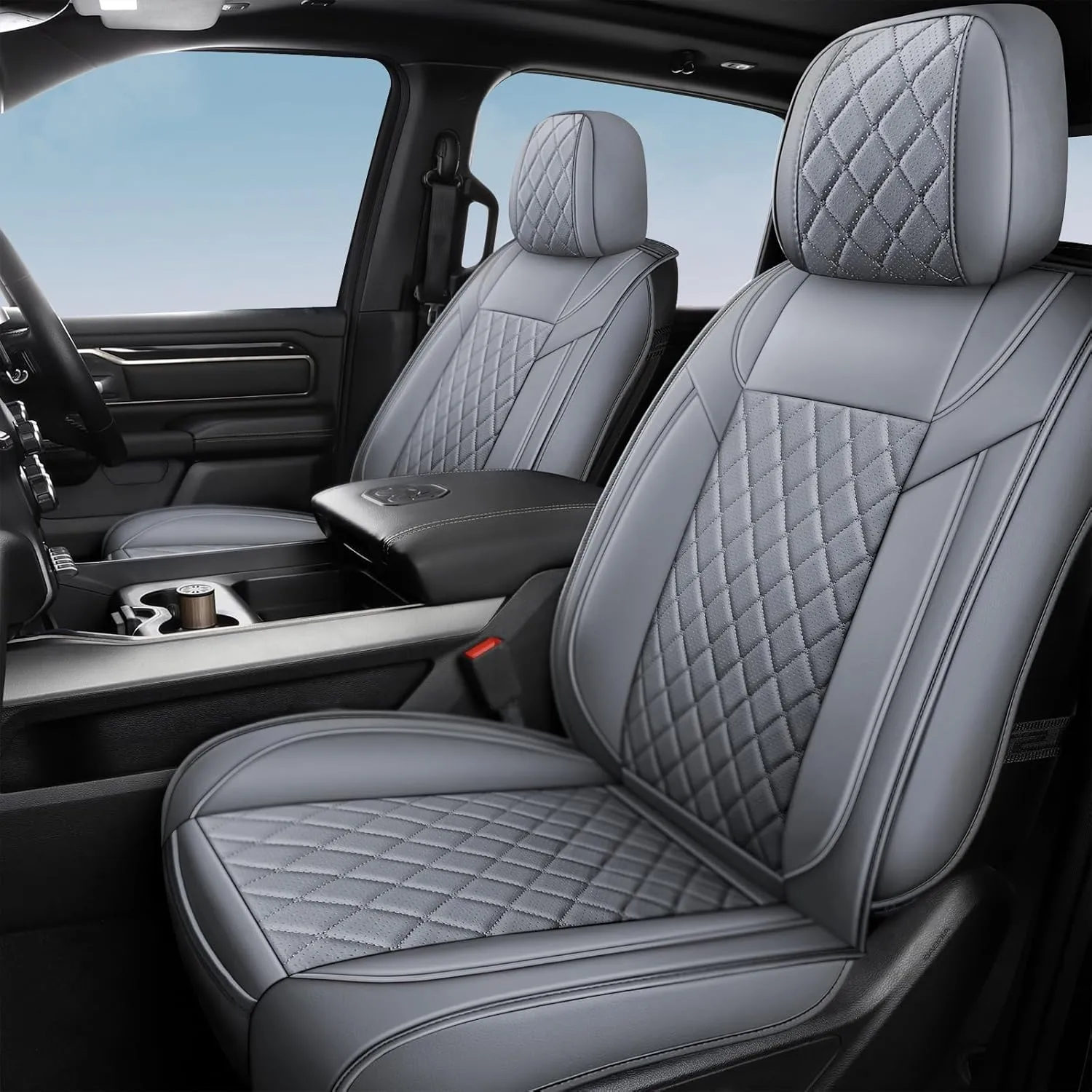 FREESOO Car Seat Covers for Dodge Ram 2019-2025 1500 Crew Cab New Body Leather Seat Cover Limited Longhorn Rebel Laramie Big Horn Tradesman TRX Pickup Truck Accessories Grey