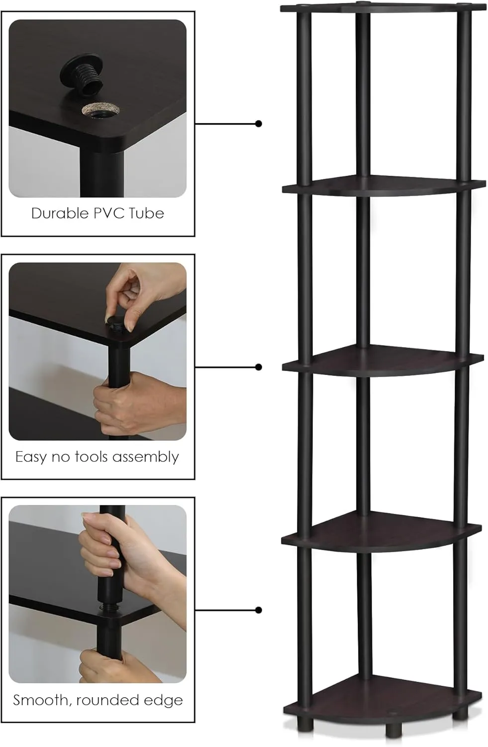 Furinno Turn-N-Tube 5 Tier Corner Display Rack Multipurpose Shelving Unit, 1-Pack, Dark Walnut