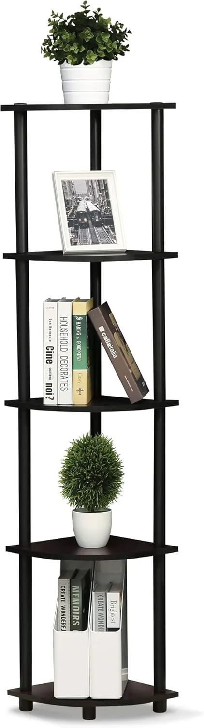 Furinno Turn-N-Tube 5 Tier Corner Display Rack Multipurpose Shelving Unit, 1-Pack, Dark Walnut