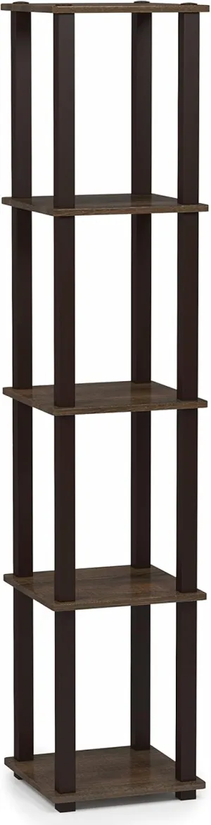 FURINNO Turn-S-Tube 5-Tier Corner Square Rack Display Shelf, Walnut/Brown