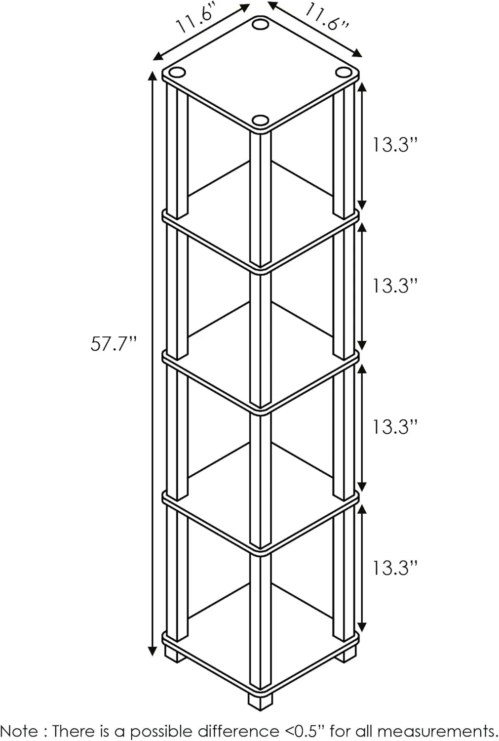 FURINNO Turn-S-Tube 5-Tier Corner Square Rack Display Shelf, Walnut/Brown