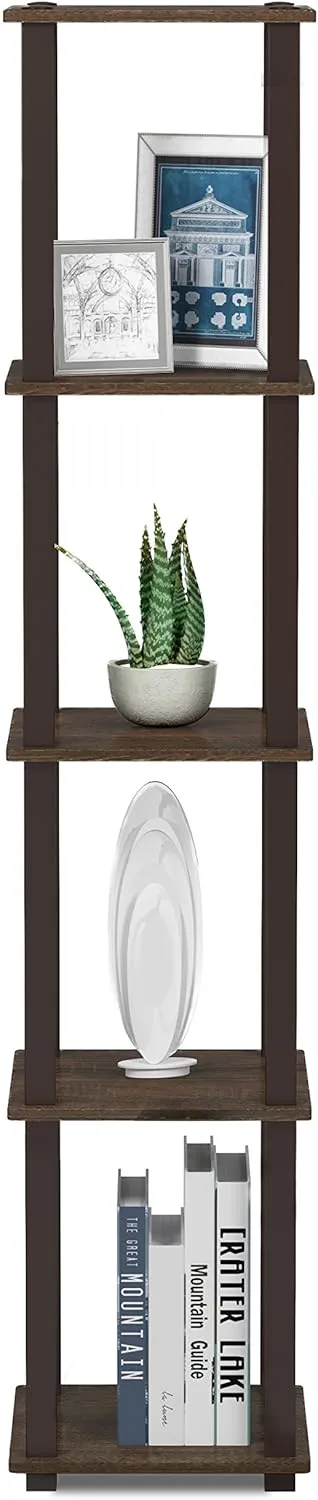 FURINNO Turn-S-Tube 5-Tier Corner Square Rack Display Shelf, Walnut/Brown