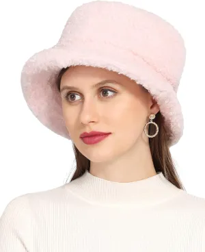 Furry Faux Fur Bucket Hat for Women Warm Winter Plush Fully Fisherman Cap