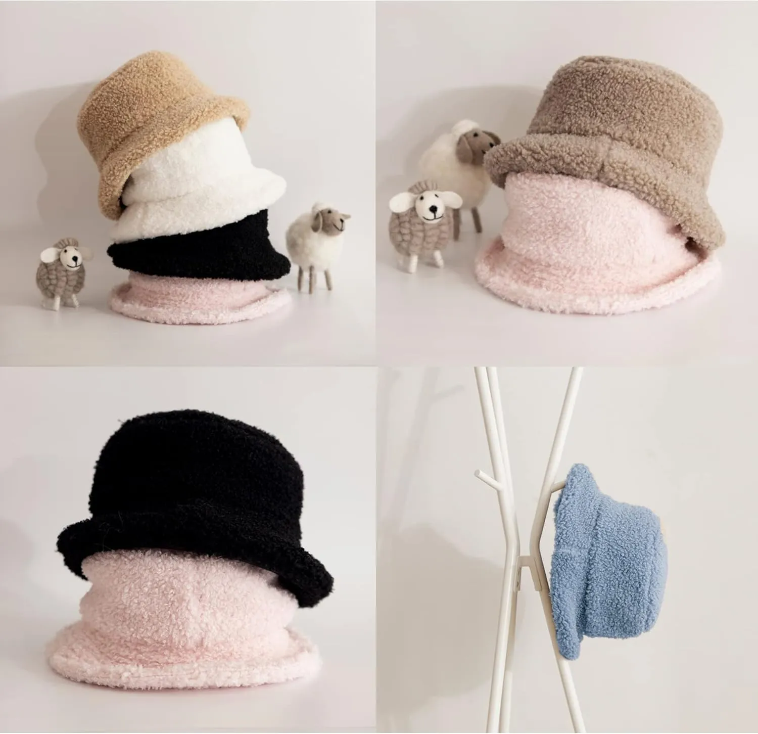 Furry Faux Fur Bucket Hat for Women Warm Winter Plush Fully Fisherman Cap