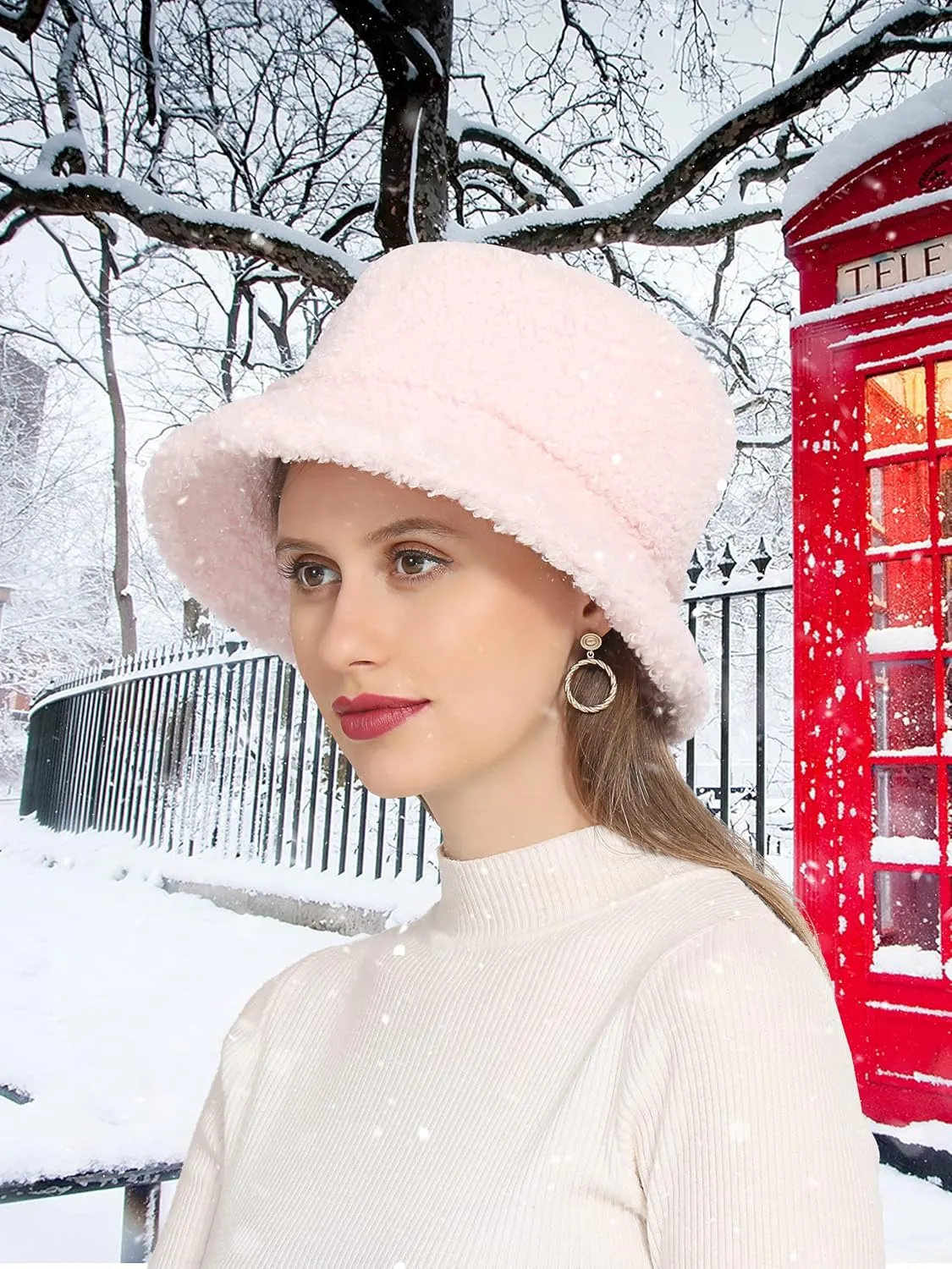 Furry Faux Fur Bucket Hat for Women Warm Winter Plush Fully Fisherman Cap