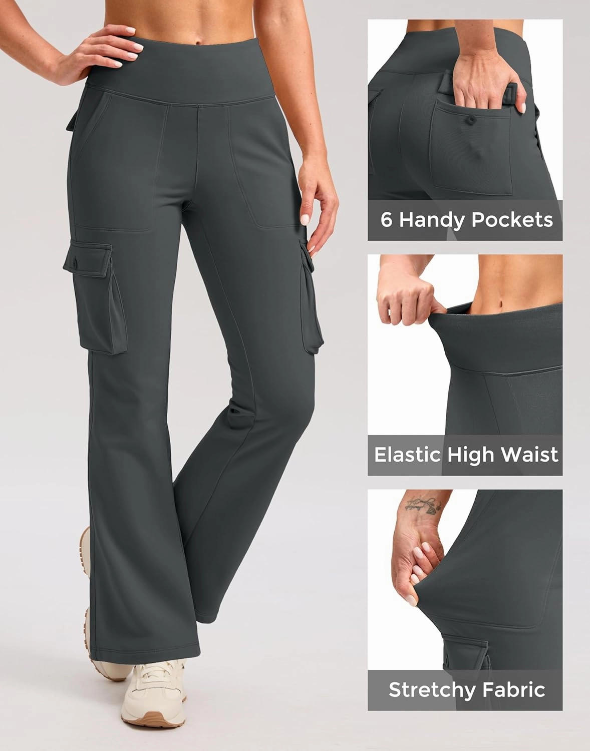 G Gradual Women's Fleece Lined Cargo Pants 6 Pockets Bootcut Water Resistant Winter Flare Leggings for Work, Hiking, Travel