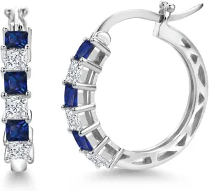 Gem Stone King 925 Sterling Silver Blue Created Sapphire and White Moissanite Hoop Earrings for Women | 1.56 Cttw | 3MM Princess Cut | 20MM