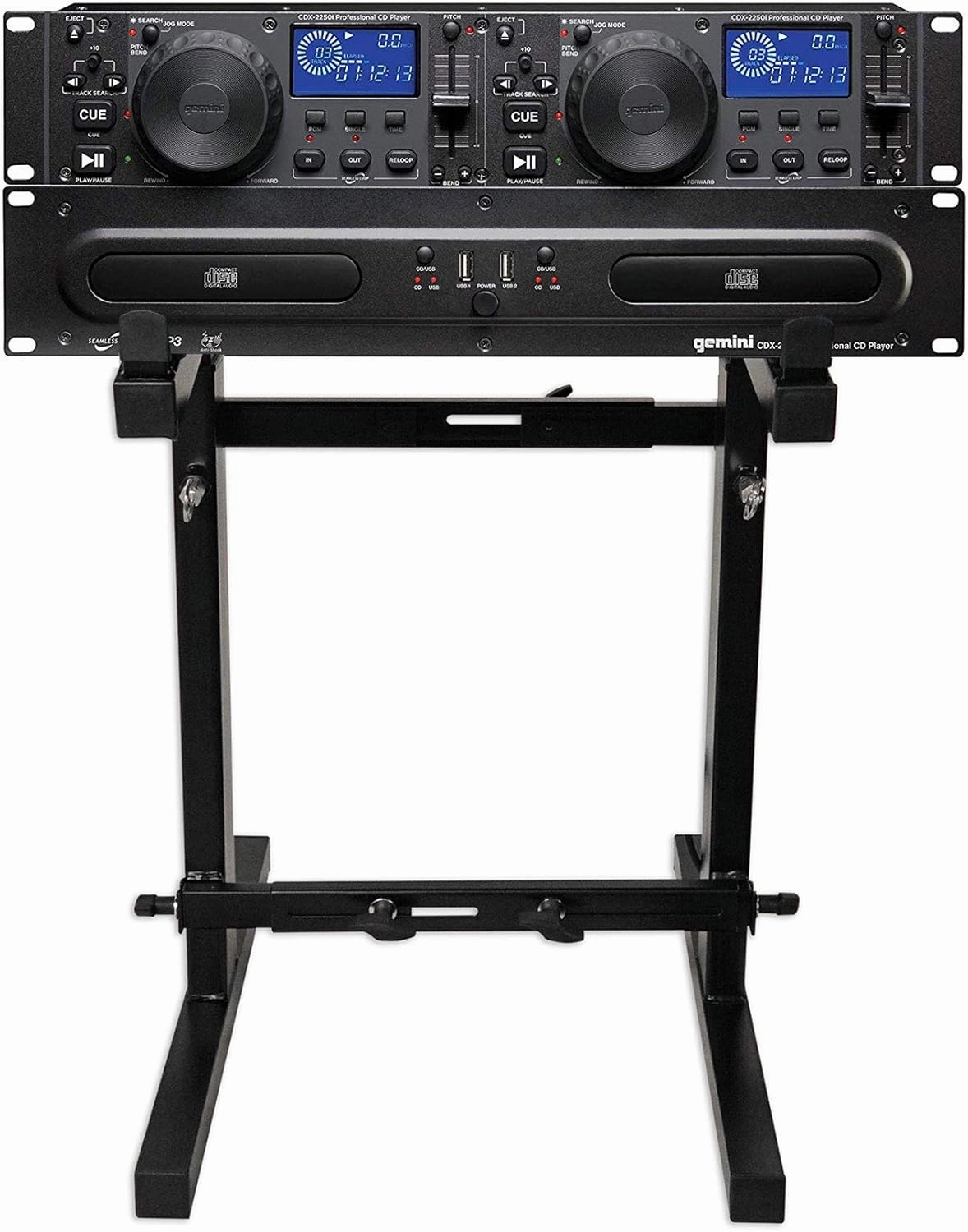 Gemini CDX-2250i Pro DJ Dual Two Deck Rack Mount CD/MP3 Media Player w/USB Bundle with Rockville RXS20 Portable Mixer Stand - Adjustable Height and Width!