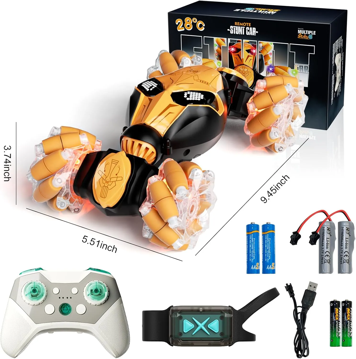 Gesture Sensing RC Car Hand Controlled Remote Control LED Car Toys for Kids 8-12 Years Old, 2.4GHz 4WD Double Sided 360° Flips Off Road Vehicle Toys w/Lights&Music, Boys Grils Brithday Gift