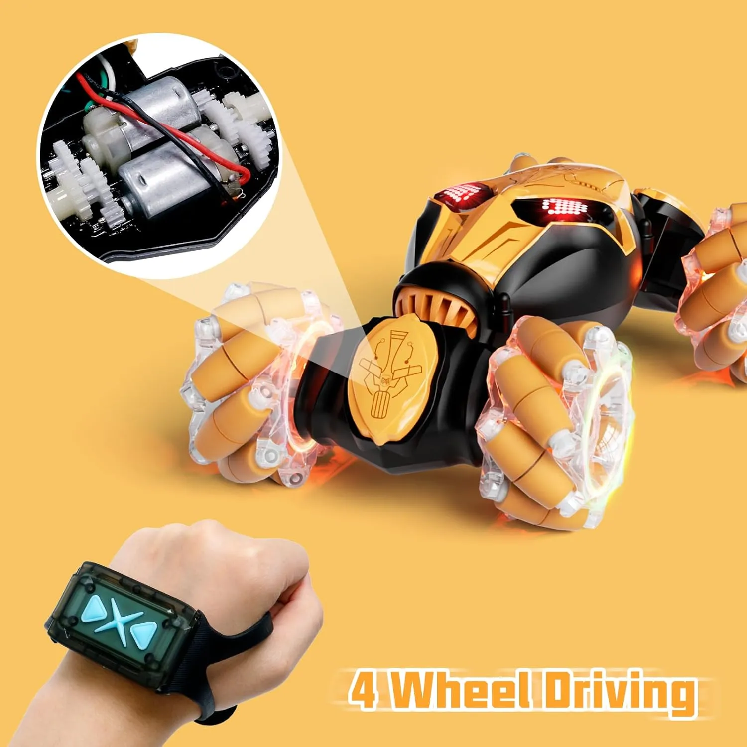 Gesture Sensing RC Car Hand Controlled Remote Control LED Car Toys for Kids 8-12 Years Old, 2.4GHz 4WD Double Sided 360° Flips Off Road Vehicle Toys w/Lights&Music, Boys Grils Brithday Gift