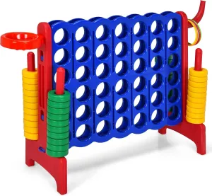 Giant 4-in-A-Row Game Set, Jumbo 4-to-Score Playset w/Basketball Hoop Ring Toss 2 Jumbo Rings Quick-Release Slider, Indoor Outdoor Family Connect Game, Backyard Games