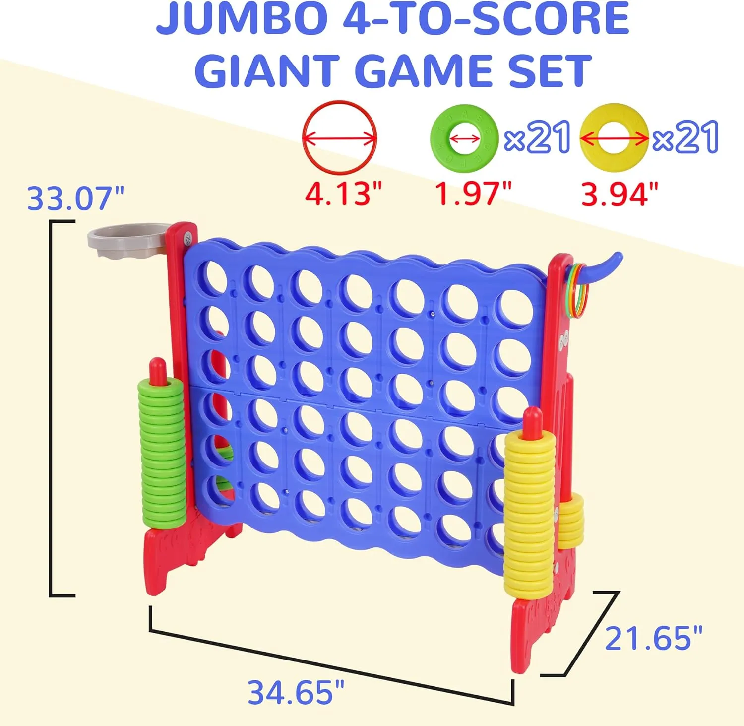 Giant 4-to-Score Game Set, 4-in-A-Row Jumbo w/Basketball Hoop, Ring Toss, 42 Jumbo Rings & Quick-Release Slide, 2.75FT Tall Indoor Outdoor Yard Family Connect Game for Kids & Adults