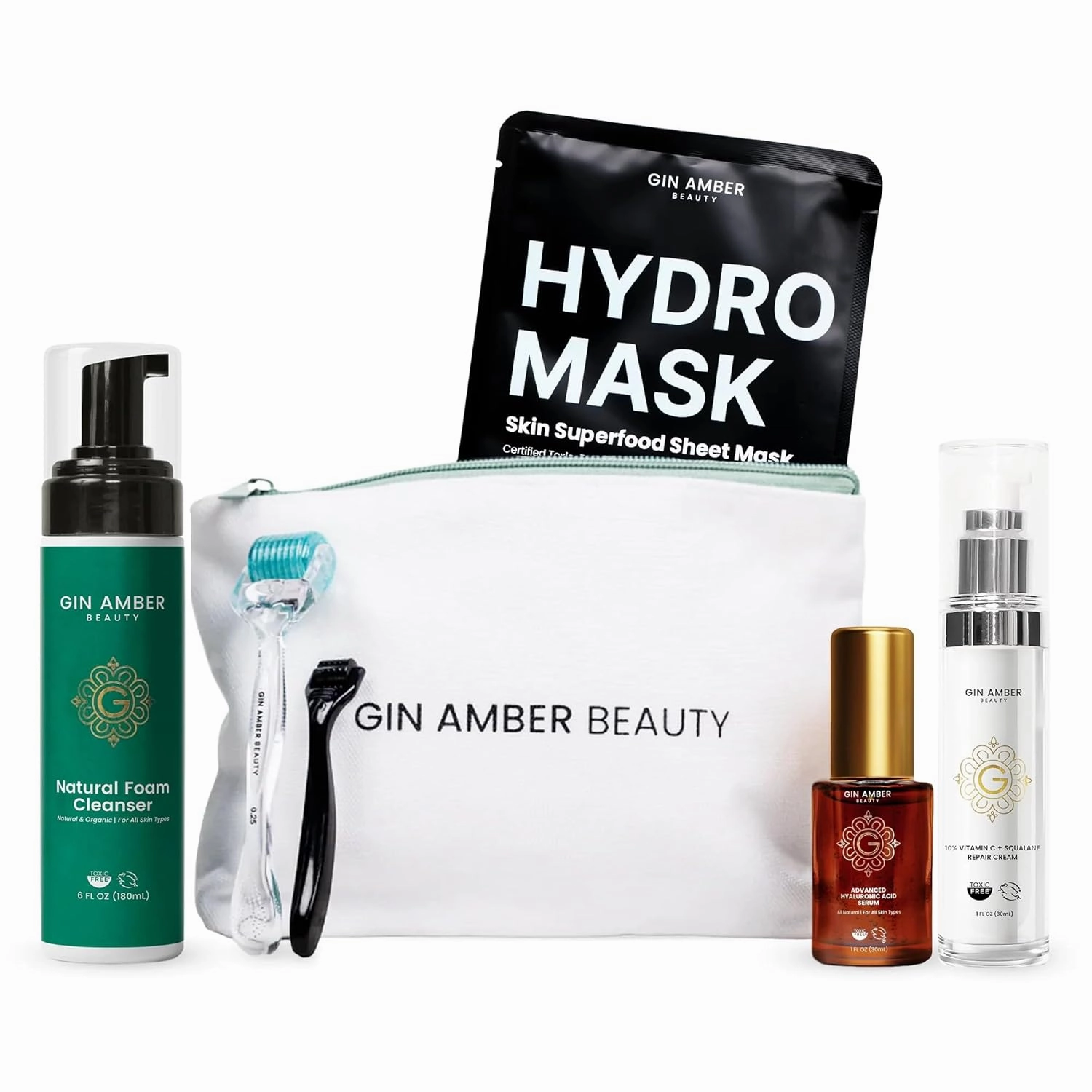 Gin Amber Beauty - 0.25mm Regular and Mini Size - Hydromask Facial Sheet - Foaming Cleanser - Vit C   Squalane - Hyaluronic Acid Serum