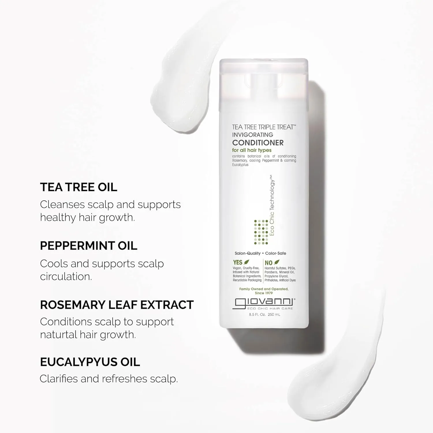 GIOVANNI Tea Tree Triple Treat Invigorating Conditioner - Cooling Peppermint, Eucalyptus, Rosemary, Helps Dry Flaking Scalp, Paraben Free, Helps to Moisturize, Smooth & Detangle- 8.5 oz (3 Pack)