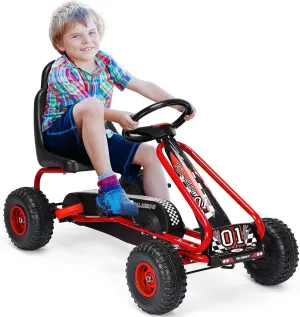 GLACER Kids Pedal Go Kart, Metal 4 Wheel Off-Road Pedal Go Cart with Steering Wheel, Adjustable Seat, Handbrake, Non-Slip Big Wheels, Outdoor Racer Ride On Pedal Car for Boys & Girls (Red)