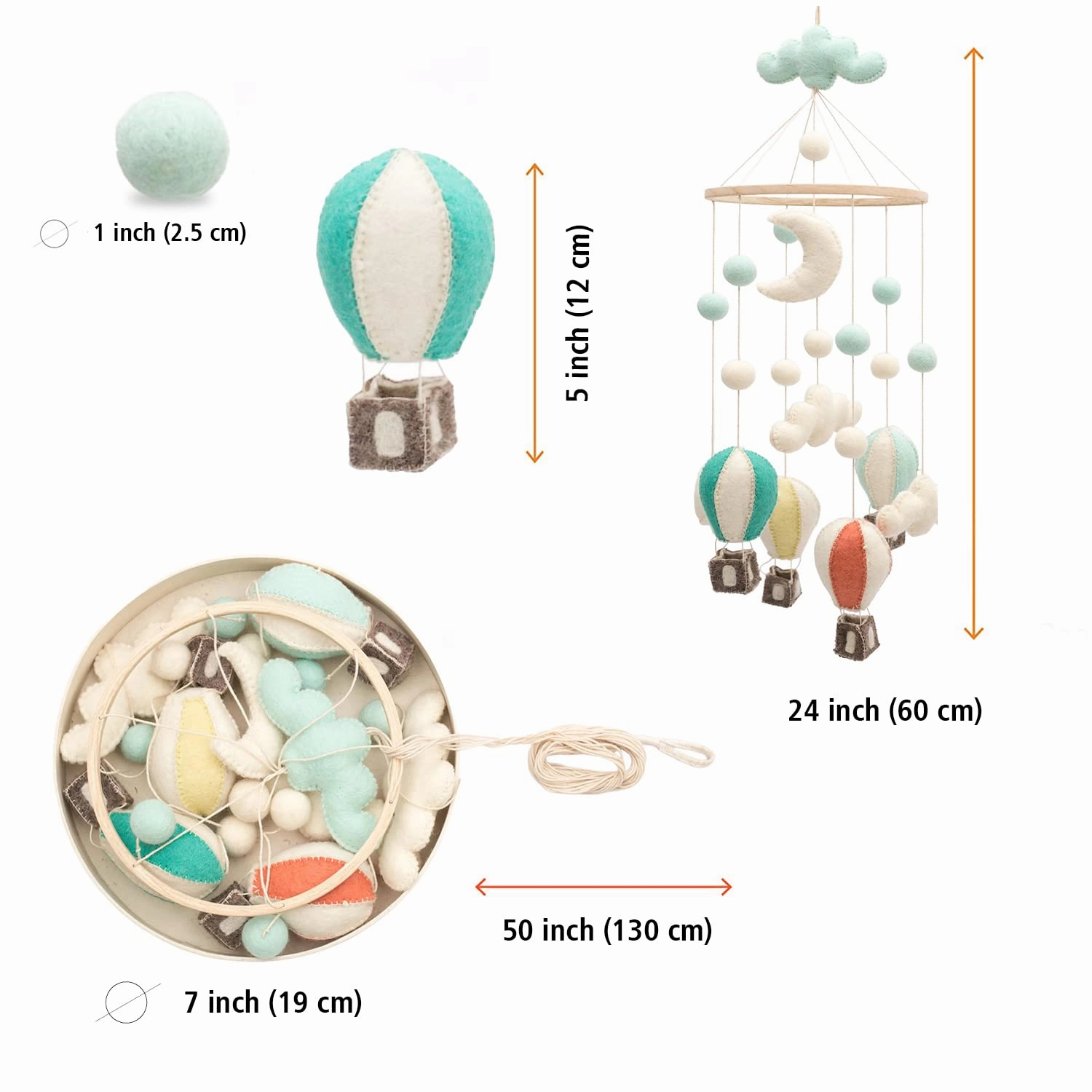 GLACIART ONE Baby Nursery Hot Air Balloon Mobile for Crib | Gender Neutral Felt Mobile With Hanging Clouds & Balls | Room Decorations Handmade From Natural Wool | Great Gift Idea
