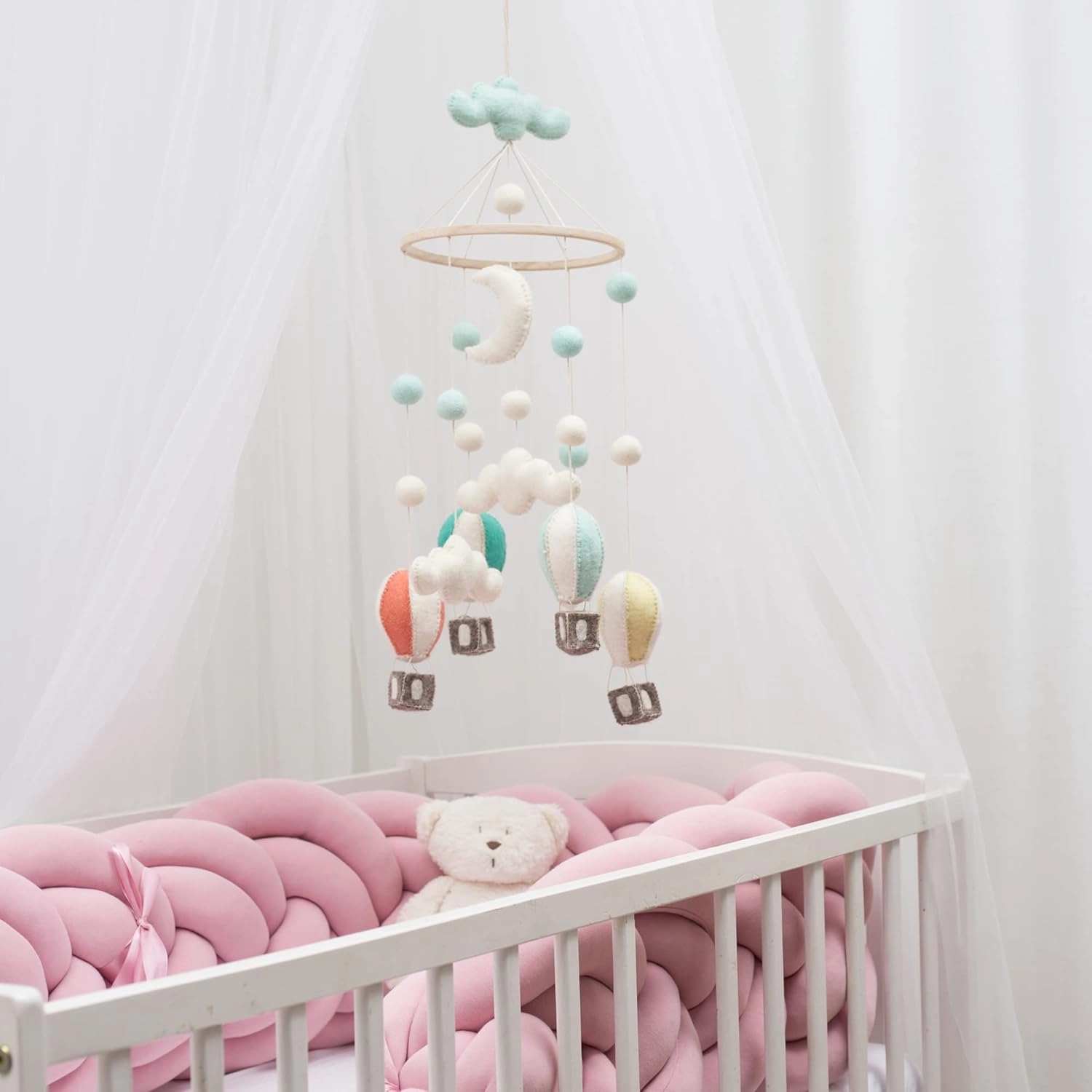 GLACIART ONE Baby Nursery Hot Air Balloon Mobile for Crib | Gender Neutral Felt Mobile With Hanging Clouds & Balls | Room Decorations Handmade From Natural Wool | Great Gift Idea