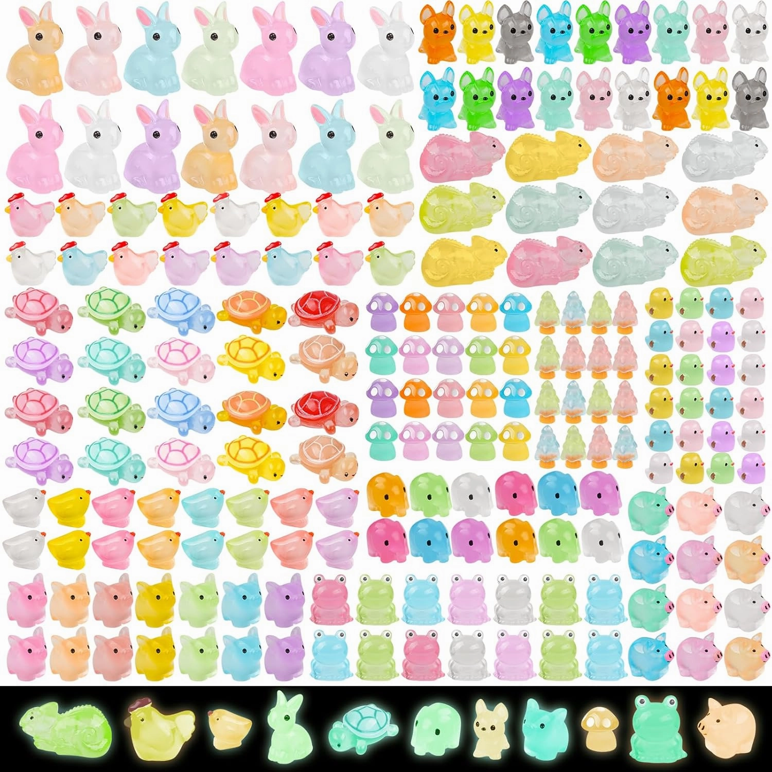 Glow In The Dark Mini Resin Animal Figurines, Luminous Indoor & Outdoor Decorations for Garden Decor, Aquarium Displays, Fairy Tale Miniature Landscapes, Potted Plants, Hide & Seek Play (208PCS)