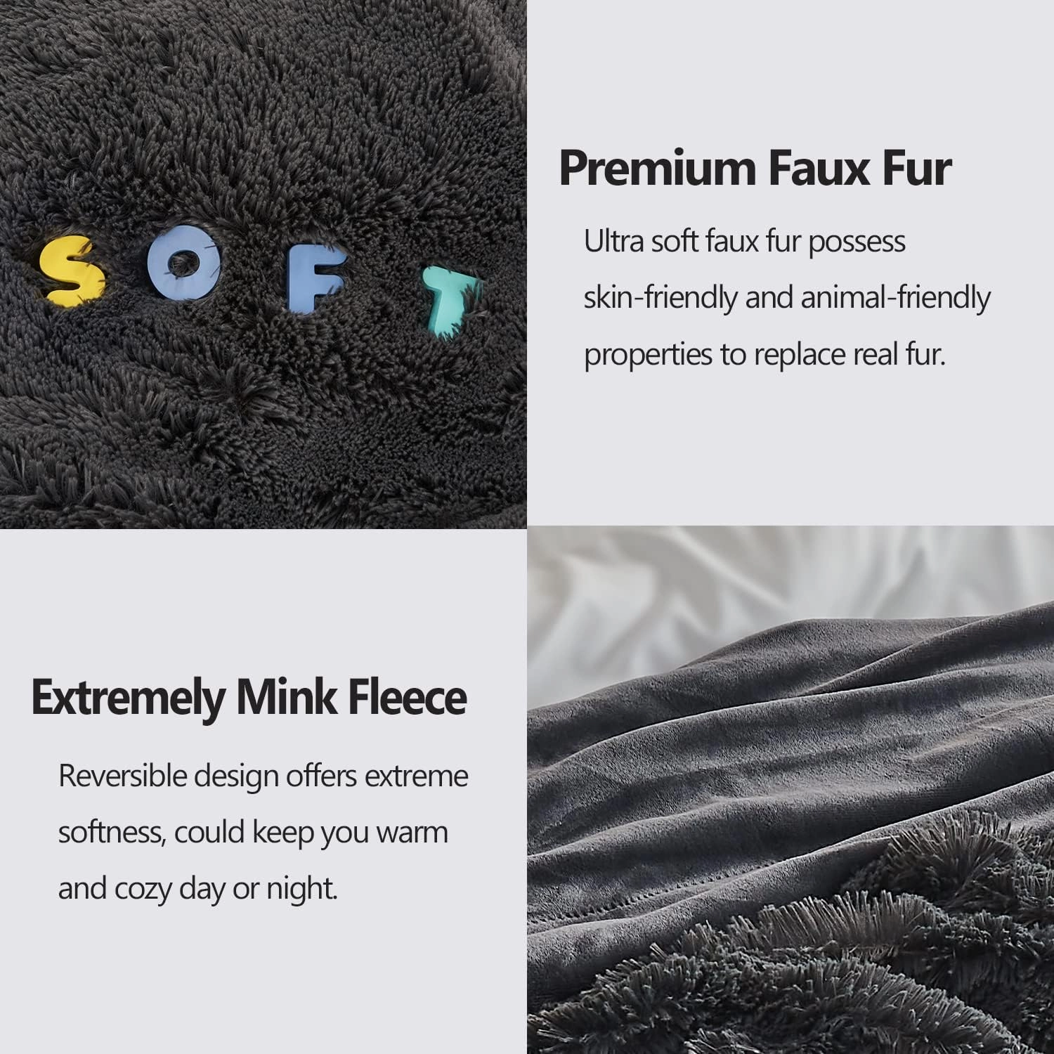 GONAAP Fuzzy Faux Fur Throw Blanket Dark Grey Super Soft Cozy Plush Fuzzy Shaggy Blanket for Couch Sofa Bed (Dark Grey, Throw(50"x60"))