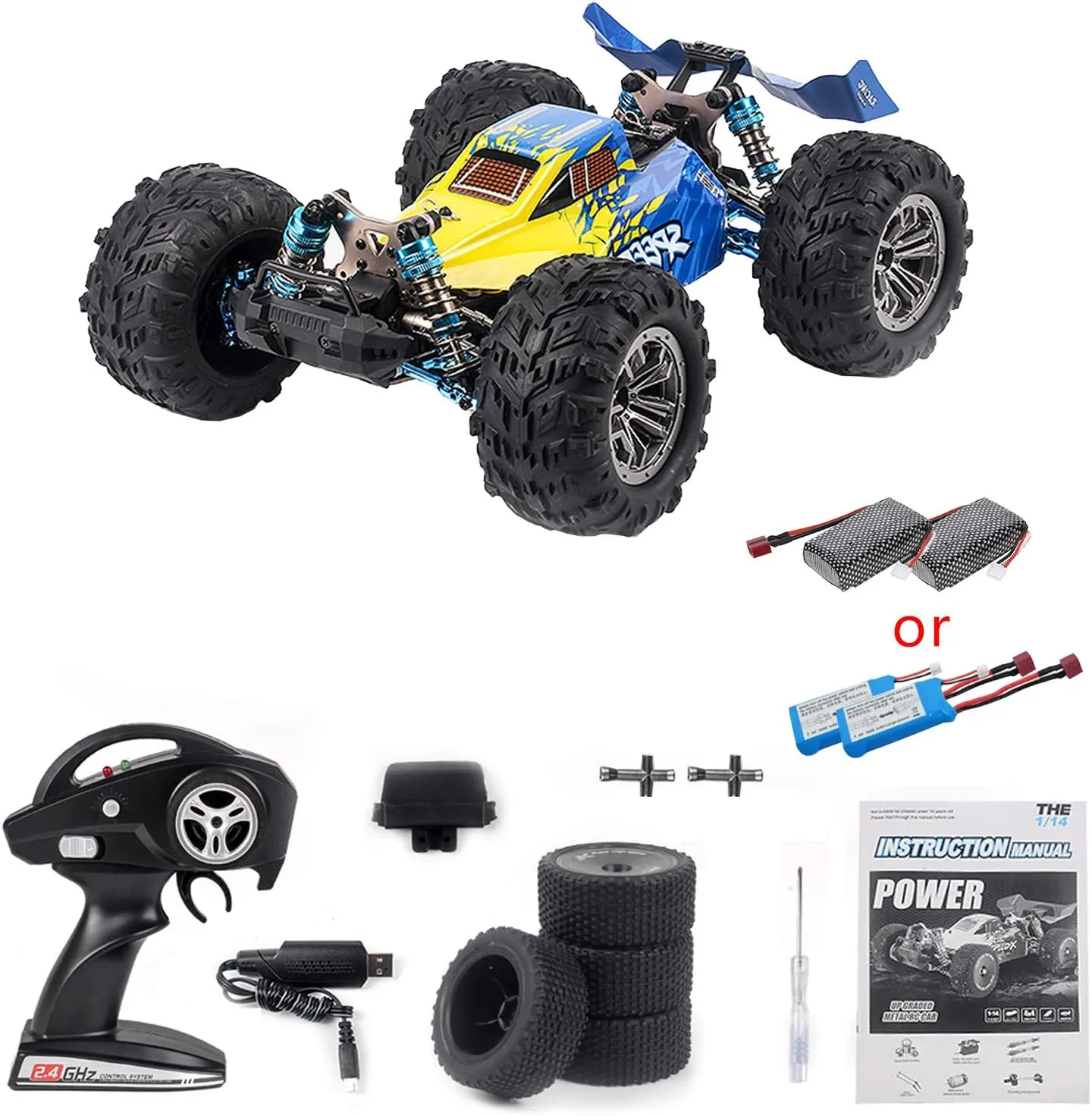 GoolRC F17 RC Car, 1/14 Scale 2.4GHz Remote Control Car, 4WD 70km/h High Speed Racing Car for Adults & Kids, All Terrain Off Road Truck RTR with Brushless Motor, Metal Chassis and 2 Batteries (Blue)