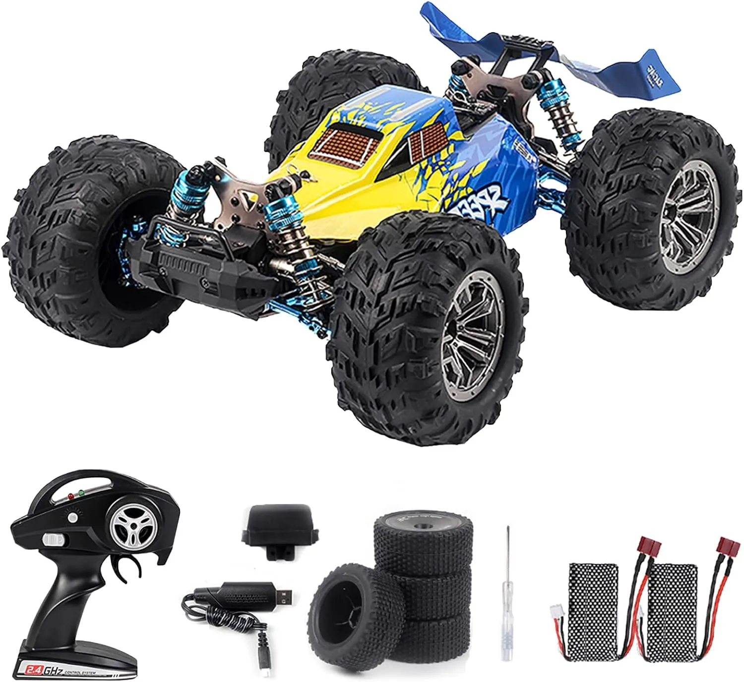 GoolRC F17 RC Car, 1/14 Scale 2.4GHz Remote Control Car, 4WD 70km/h High Speed Racing Car for Adults & Kids, All Terrain Off Road Truck RTR with Brushless Motor, Metal Chassis and 2 Batteries (Blue)