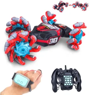 GoolRC Gesture Sensing RC Stunt Car, 4WD 2.4GHz Remote Control Car, Transformer Toy Car with LED Lights, Double Sided Driving, 360° Rotating and Explosive Wheel for Kids and Adults (Red)