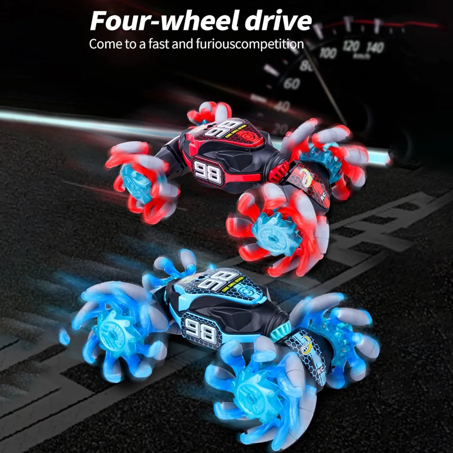 GoolRC Gesture Sensing RC Stunt Car, 4WD 2.4GHz Remote Control Car, Transformer Toy Car with LED Lights, Double Sided Driving, 360° Rotating and Explosive Wheel for Kids and Adults (Red)
