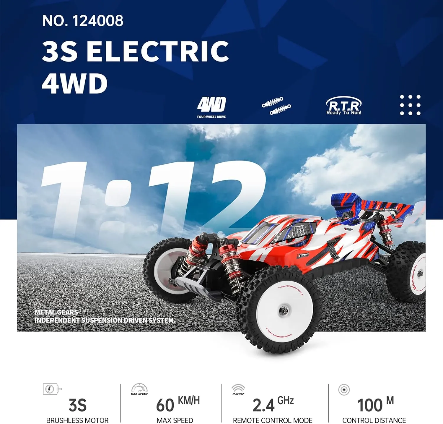 GoolRC WLtoys 124008 Brushless RC Cars for Adults, 1:12 Scale Remote Control Car, 4WD 60KM/H High Speed Racing Car, 2.4GHz All Terrains Off Road Buggy RTR with 11.1V 1300mAh Battery